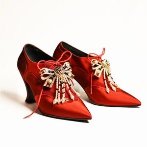 CHANEL Red 2018 Bootie HEELS embellished brooch 40C